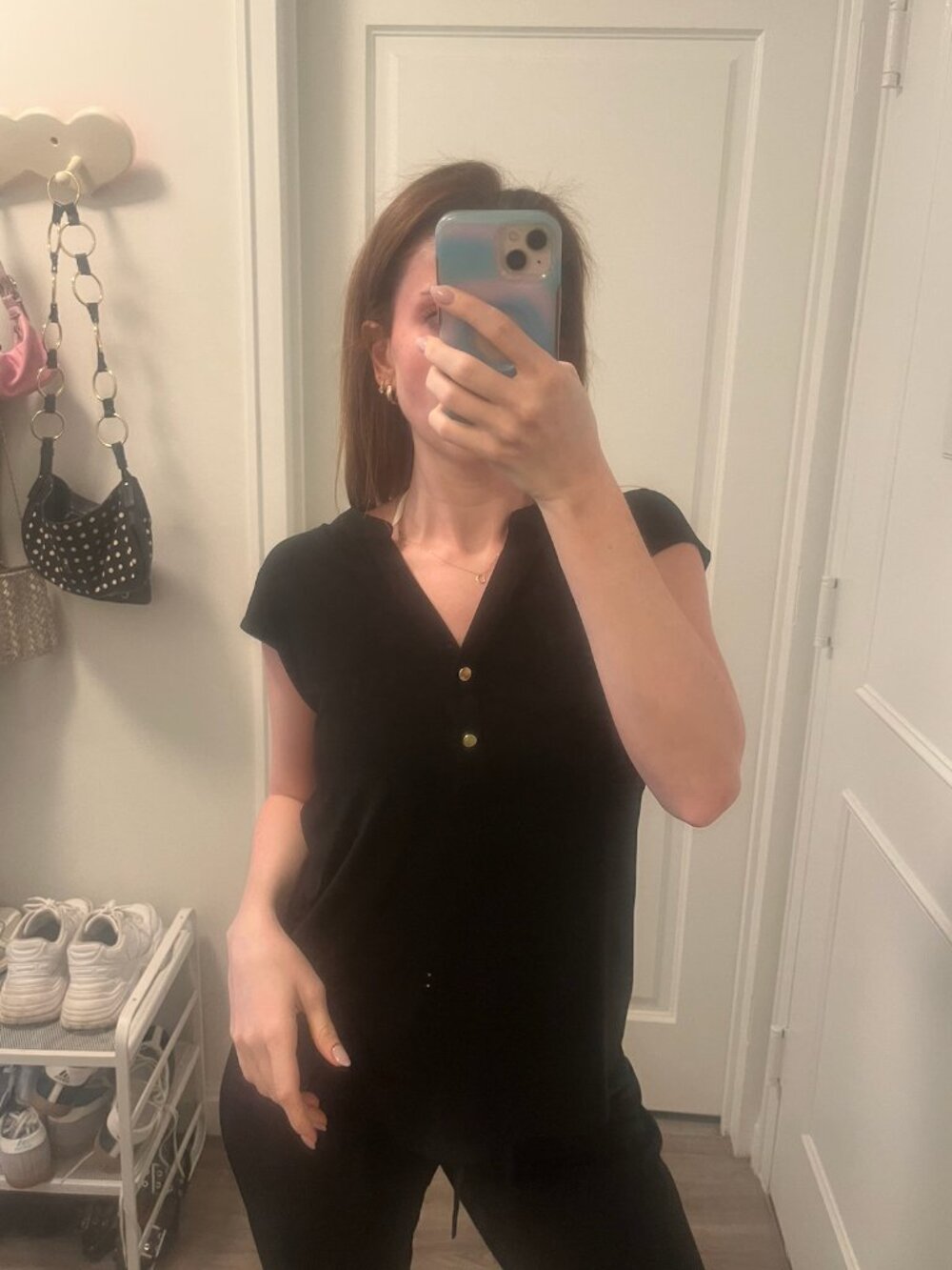 Anne Klein Work Top with gold button detail, size M